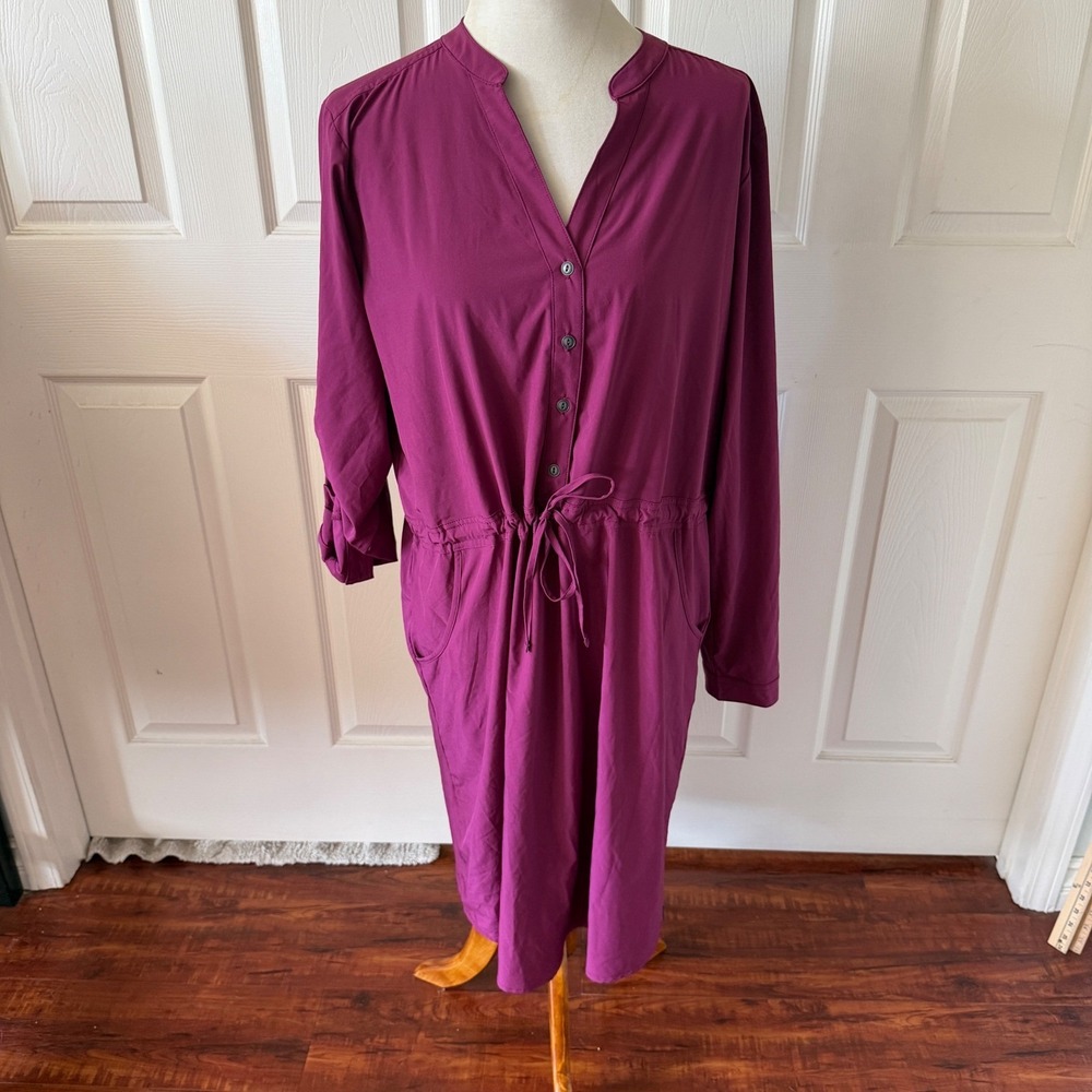 Orvis Womens Travel Shirt Dress Large Drawstring Pockets Stretch Utility